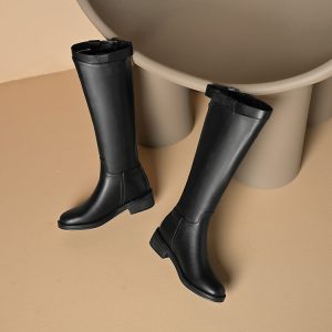 Women's Dark Brown Black Leather Knee-High Riding Boots with Double Zipper