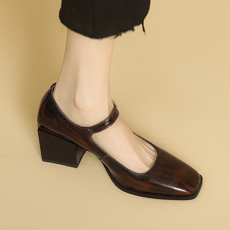 Mary Jane Shoes Dark Brown Leather Mid Heel Square Toe Women Men - Image 3