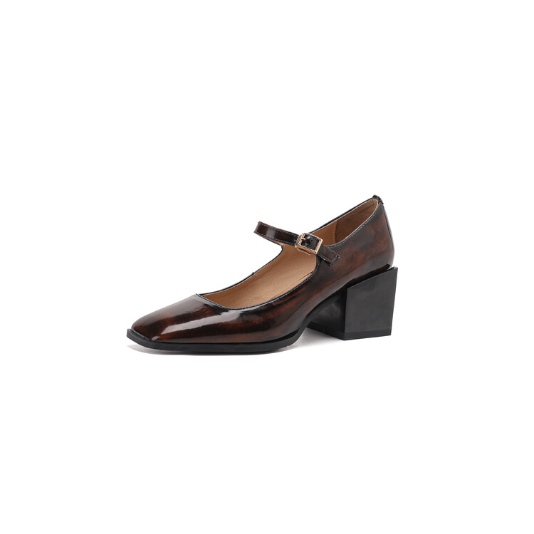 Mary Jane Shoes Dark Brown Leather Mid Heel Square Toe Women Men - Image 5