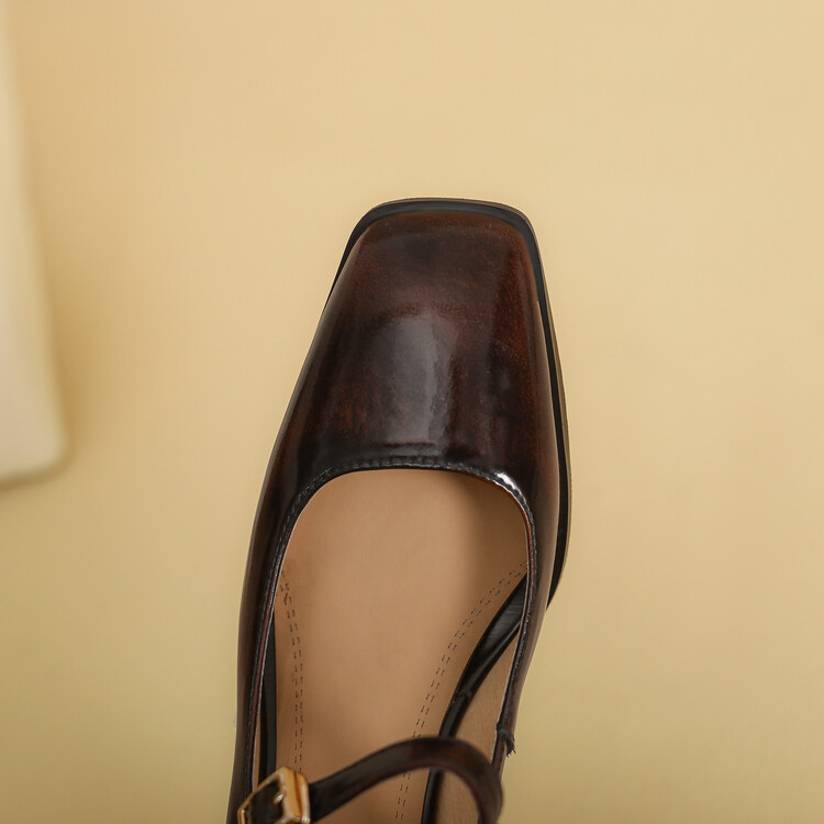 Mary Jane Shoes Dark Brown Leather Mid Heel Square Toe Women Men - Image 4