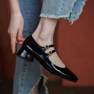 Mary Jane Shoes with Rhinestone Buckle and Square Toe