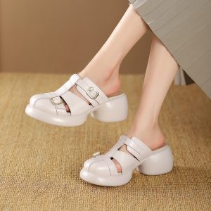Women's Leather Platform Slippers with Buckle and Metal Decor