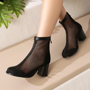 Women's High Heel Mesh Sandal Boots with Chunky Heel and Zipper