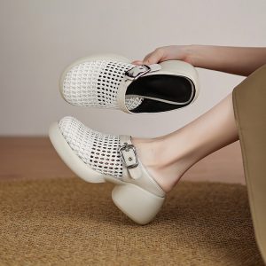 Women's Leather Closed Toe Platform Slippers Summer Casual