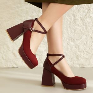 Mary Jane Shoes High Heel Chunky Cross Strap Suede