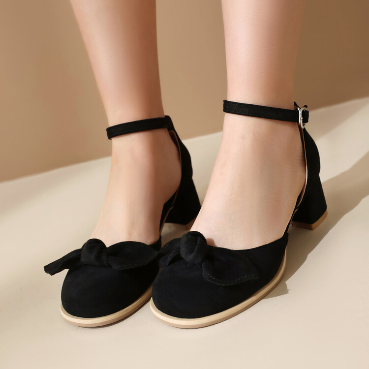 Sweet Mary Jane Shoes with Bow and Metal Accents, Mid Chunky Heel, Suede Upper, Spring 2024 - Image 5