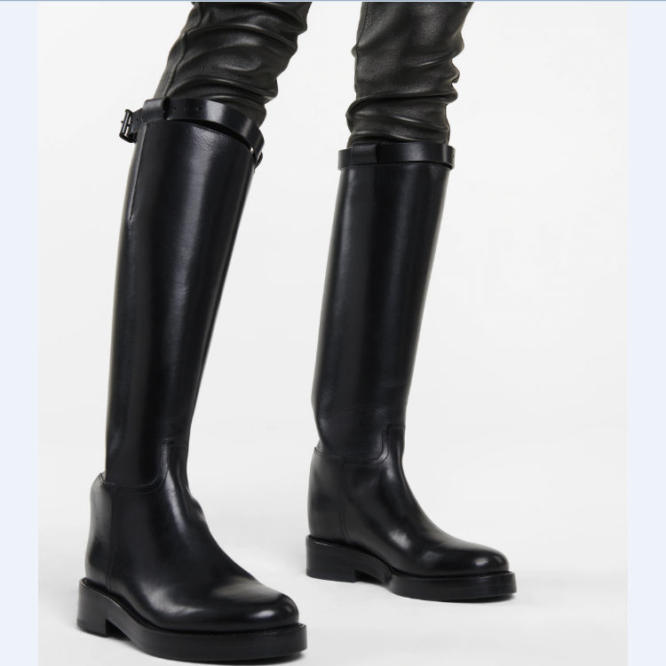 Women's Dark Brown Black Leather Knee-High Riding Boots with Double Zipper - Image 3