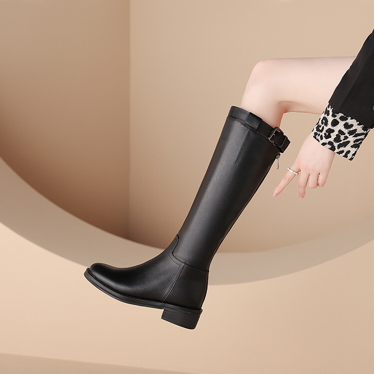 Women's Dark Brown Black Leather Knee-High Riding Boots with Double Zipper - Image 4