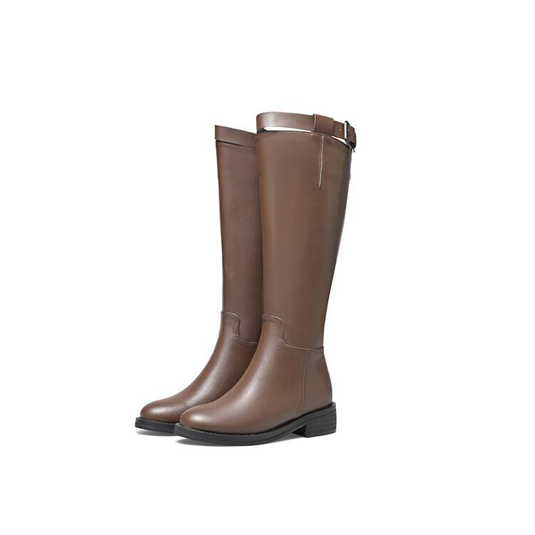 Women's Dark Brown Black Leather Knee-High Riding Boots with Double Zipper - Image 5