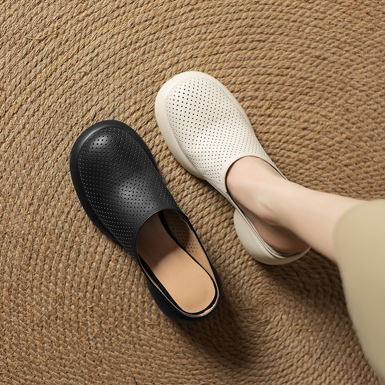 Women's Leather Closed-Toe Slippers with Chunky Mid Heel - Image 4