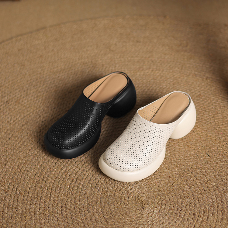 Women's Leather Closed-Toe Slippers with Chunky Mid Heel - Image 5