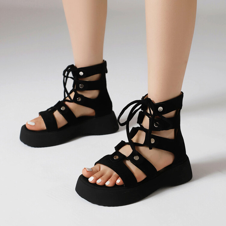 Women's Street Style Low-Top Sandals Boots with Cross Straps and Metal Accents