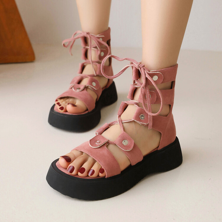 Women's Street Style Low-Top Sandals Boots with Cross Straps and Metal Accents - Image 3